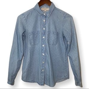 Loft Light chambray Denim Look Polka Dot Button Down Top
